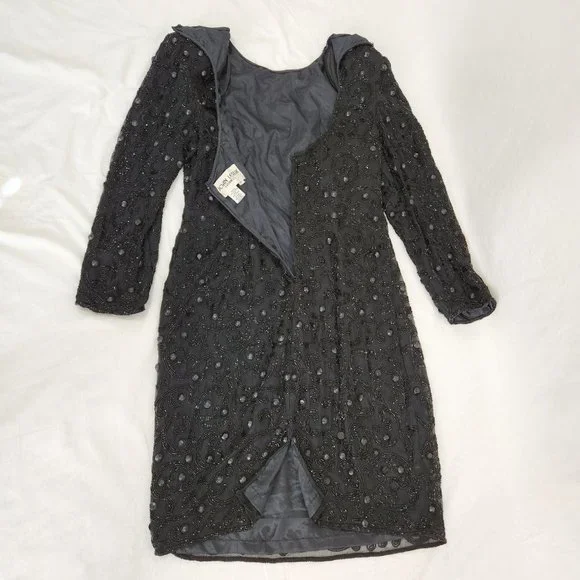 Vintage JOAN LESLIE Hollywood-Fairy-Tale Beaded Black Silk Sheath Dress Size 10. - Picture 11 of 16